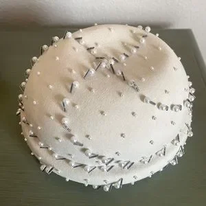 OLEG CASSINI Vtg Pill Box HAT Beautiful Wool Satin Pearls & Beads Union Made USA All Saints Women 6 Mabel Coat White Double Breasted  main image 4